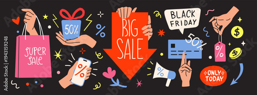 Hand hold shopping cart. Black Friday discount. Business marketing banner or sale advertising. Special offer percent. Phone app. Credit card payment for purchase. Vector flat stickers set