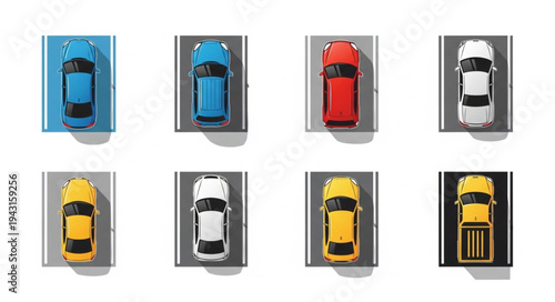 Aerial View of Various Colored Cars Parked in Spaces.