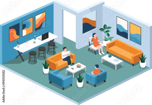 Isometric modern office lounge interior, coworkers relaxing in creative workspace waiting area, contemporary business meeting room illustration design