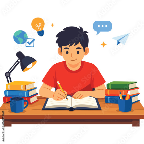 Student studying and writing notes at a desk