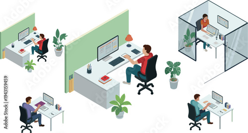 Isometric modern office workspace, employees working at computers in corporate cubicles and glass meeting booth, business productivity illustration