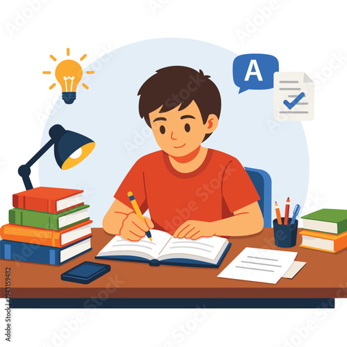 Young boy studying and writing at his desk