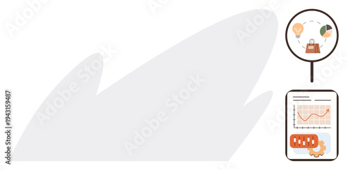 Business analysis, data visualization, marketing strategy, research insights, economic trends, financial statistics. Image shows magnifying glass examining icons and data sheet with rising graph