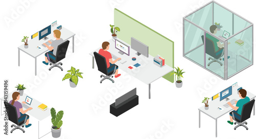 Isometric modern office workspace, employees working at desks with computers in corporate environment, business productivity workplace illustration concept