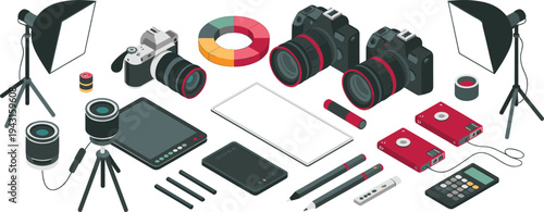 Isometric photography equipment collection, professional cameras lenses lighting studio gear photo video production illustration set
