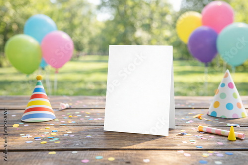 Birthday card mockup with colorful balloons, party hats and confetti on wooden table in park, blank greeting card template for celebration invitation