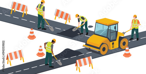 Isometric road repair construction with workers paving asphalt, roller machine roadwork maintenance infrastructure engineering illustration