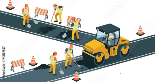 Isometric road repair workers paving asphalt, roller machine road maintenance construction infrastructure engineering illustration