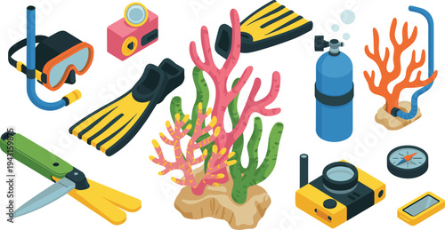 Isometric scuba diving gear set, snorkeling mask fins oxygen tank coral reef underwater exploration equipment illustration collection