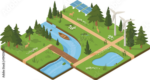 Isometric sustainable landscape concept, renewable energy park, wind turbines, solar panels, river forest ecosystem, green environment illustration design