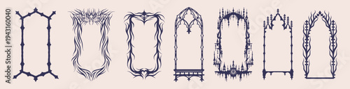 Gothic border. Medieval fantasy frame, spike ornate element or vintage antique filigree ornament. Hand drawn dramatic tattoo. Black silhouette isolated graphic. Vector flat decoration