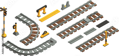 Isometric toy railway track pieces set, modular train rails curves signals and bridge construction building blocks illustration