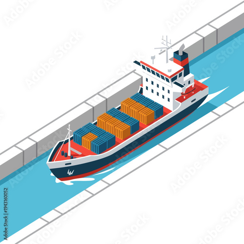 Cargo Ship with Containers on Waterway.