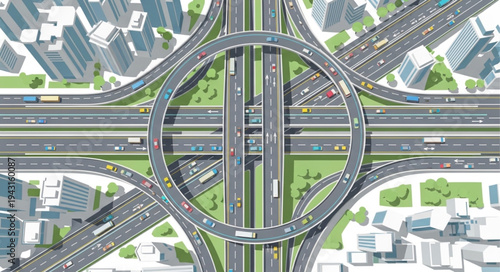Aerial View of Complex Highway Interchange with Circular Ramp.