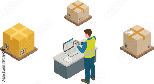Isometric warehouse worker scanning packages, logistics inventory management, shipping boxes, supply chain distribution, parcel tracking, warehouse operations illustration