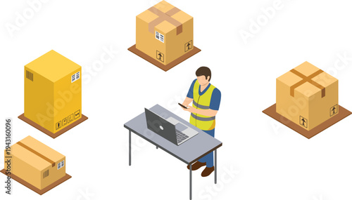 Isometric warehouse worker scanning packages, logistics inventory management, shipping boxes, parcel tracking, supply chain distribution operations illustration concept