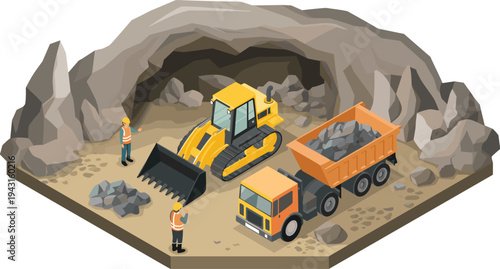 Mining excavation operation site, underground quarry construction machinery, heavy equipment loader and dump truck, industrial mining industry illustration
