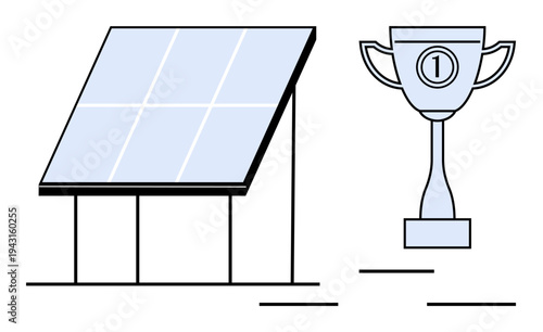 Renewable energy concept. Renewable energy ed by a solar panel and a trophy indicating success in sustainability. Renewable energy supports eco-friendly goals and innovation. Perfect