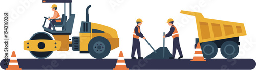 Road construction workers repairing asphalt road, heavy road roller compactor, dump truck transport, highway maintenance infrastructure development illustration