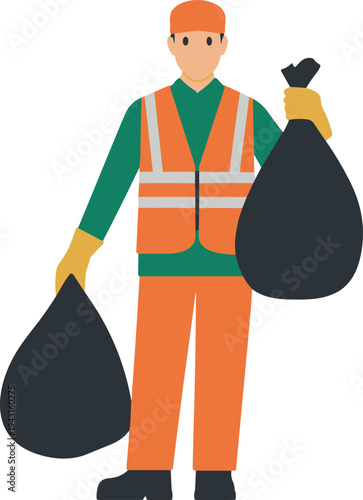 Sanitation worker holding garbage bags, municipal waste management cleaner wearing safety uniform and gloves, public cleaning service illustration