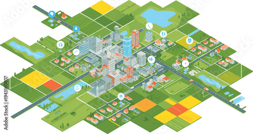 Smart agriculture city landscape, urban rural farming ecosystem, sustainable agricultural planning map, modern smart city farming infrastructure illustration concept