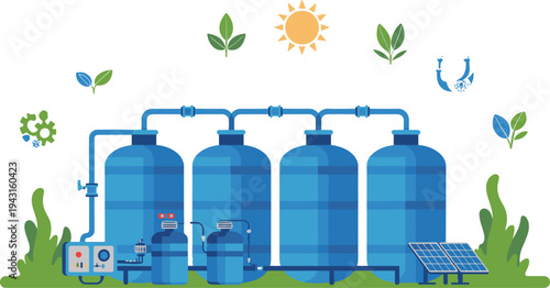 Sustainable water treatment system, eco water purification tanks, renewable powered filtration plant, clean water recycling technology illustration