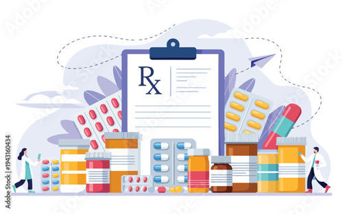 A busy medical scene showing a prescription form surrounded by various colorful medications and healthcare professionals
