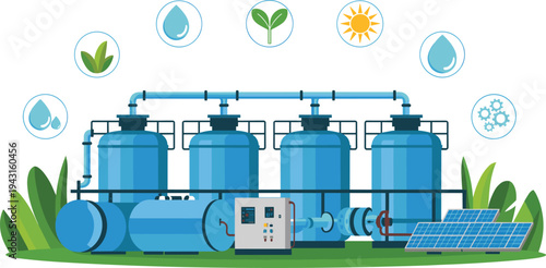 Water treatment filtration system, wastewater purification tanks, sustainable water recycling plant, clean water technology infrastructure illustration
