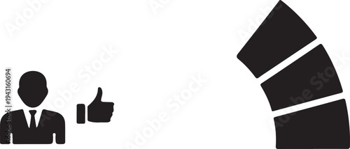 Black silhouette of a man in a suit with a tie and a thumbs up gesture next to a segmented curve des