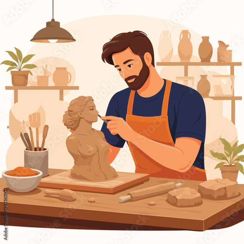 Sculptor creating a bust in the studio