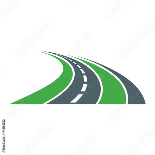 Curving highway with grassy median and dashed white lane markings.