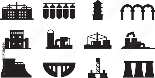 Black and white industrial building and infrastructure set buildings