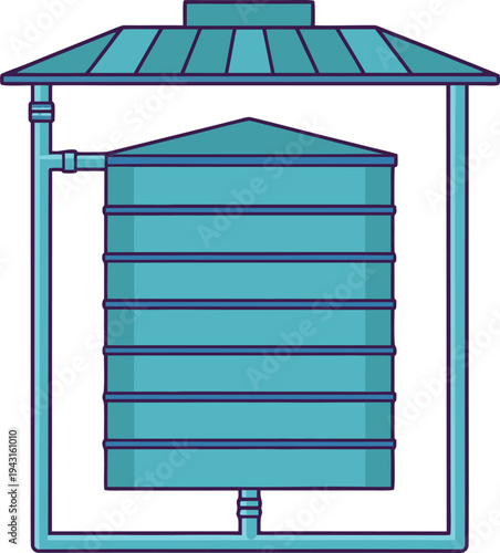 A large teal water tank with a roof and pipes for efficient storage and distribution