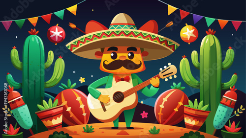 Colorful mexican skull with sombrero and marigold flowers