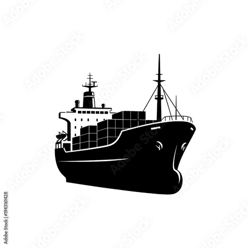 Black and White Cargo Ship Illustration.