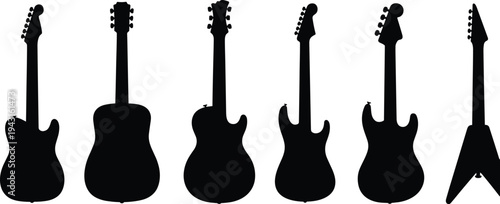 Acoustic and electric guitar silhouettes set including bass and rock instruments isolated on white background for music festival and instrument shop design
