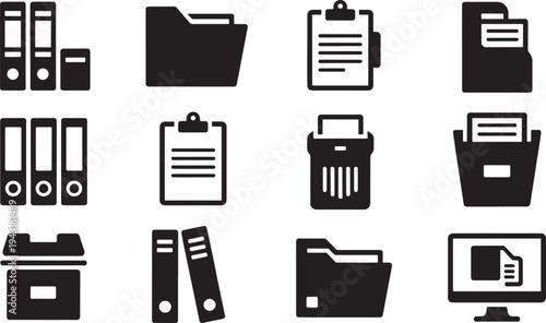 Black and white of office supplies and documents on a white background