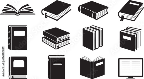 Black and white of various books and an open book on a screen
