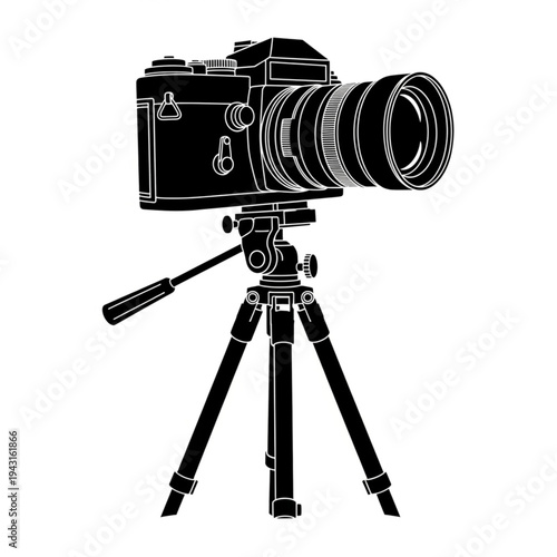 Camera on tripod photography equipment device.