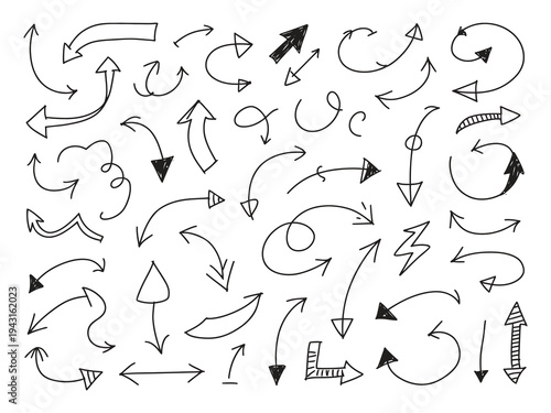 doodle black arrows vector set with sketch style direction pointers for process flow and design navigation.