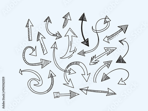 doodle black arrows vector set with sketch style direction pointers for process flow and design navigation.