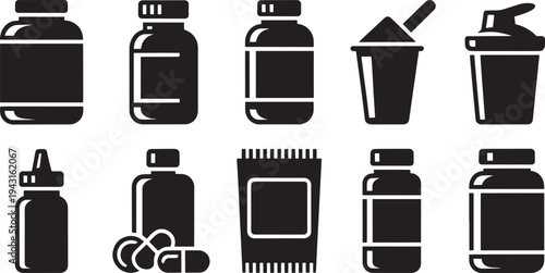 Black and white of various supplement containers and pills bottle
