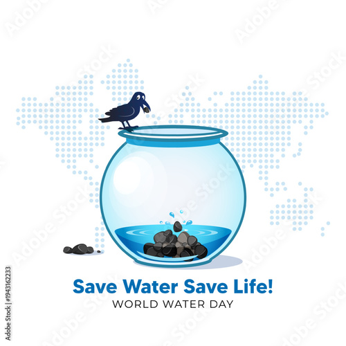World water day awareness banner creative concept. Water importance message and story of thirsty crow vector illustration.