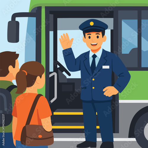 Bus driver welcoming passengers aboard