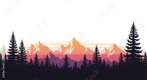 Mountain Range with Silhouetted Pine Trees.