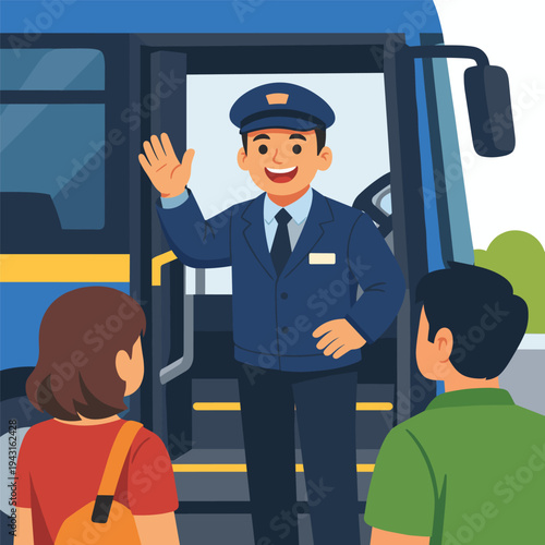 Bus driver greeting passengers at the stop