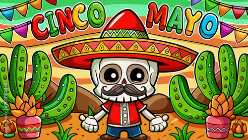 Colorful cartoon dog wearing a sombrero celebrating cinco de mayo
