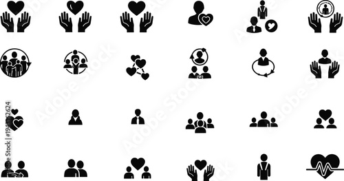 Healthcare icons, wellness silhouettes, family care, community support, medical heart symbols, social services, compassion, unity, teamwork, emotional well‑being, charity