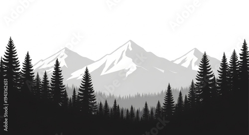 Mountain Range with Silhouetted Trees.