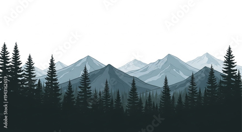 Mountain Range with Silhouetted Trees.